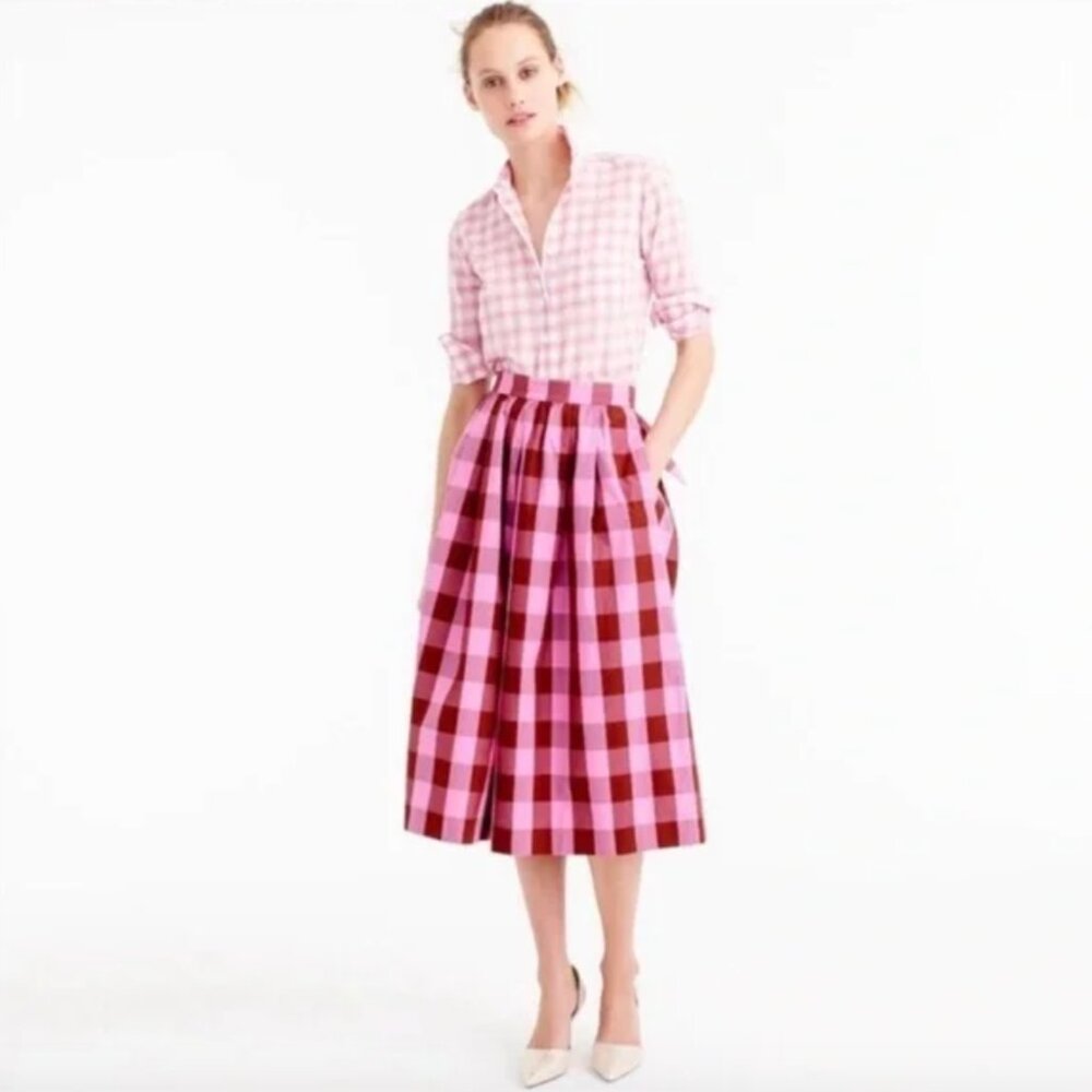 Cute J. Crew Gingham Midi Skirt Pink Brown Bow Bloggers Fave Size 8 JCrew